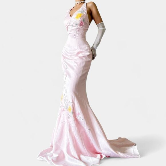Vintage Pastel Pink Floral Beaded Fit Flared Maxi Formal Prom Dress Size S - Picture 3 of 8